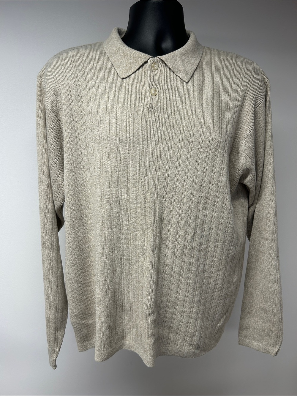 Brandini Le Collezioni Mens Large Tan Ribbed Knit Polo Sweater Pullover